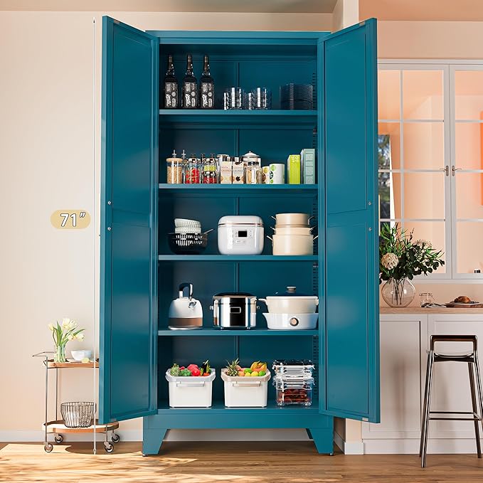71'' Farmhouse Metal Storage Cabinet with Barn Doors,Steel File Cabinet for Home Office,Kitchen Pantry 4 Adjustable Shelves,Freestanding Cupboard for Kitchen,Home Office (Peacock Blue)-CasaMuseHome