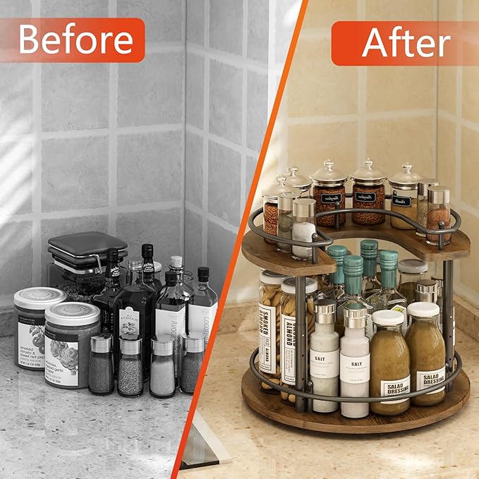 2 Tier Lazy Susan Organizer,2-Tier Spinning Spice Rack with Stable Carousel Base & 4 Height Settings for Cupboard Kitchen Countertop Dining Table Cupboard (Round)-CasaMuseHome