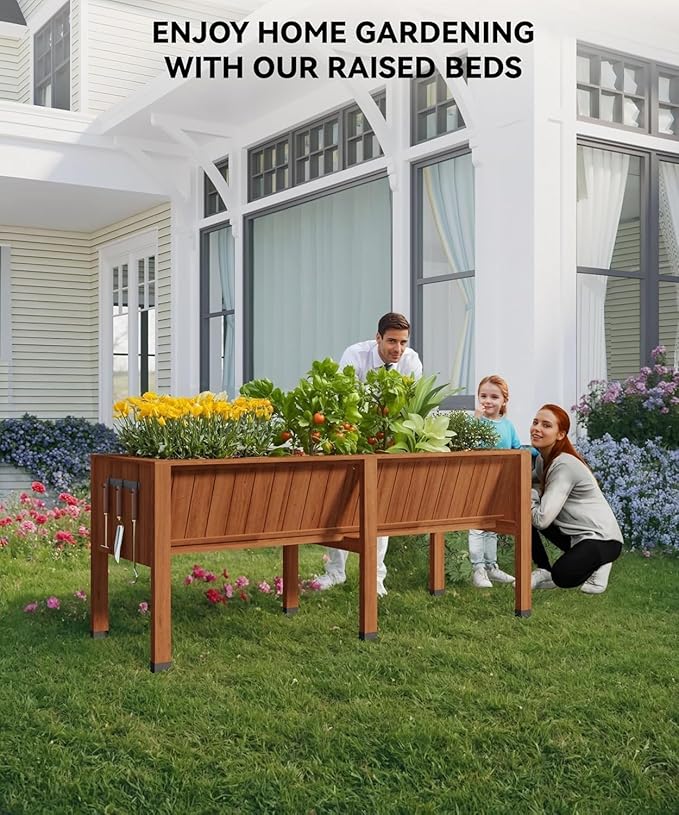 72x26x31 Inch Raised Garden Bed with Legs, 13.7In Depth Wooden Planter Box for Outdoor Growing Vegetables and Herbs, Elevated Garden Bed with Hooks for Backyard, Patio, Balcony-CasaMuseHome