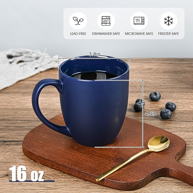 16oz Coffee Mugs Set of 6, Large Ceramic Modern Coffee Mugs With Handle For Tea,Latte,Cappuccino,Cocoa. Dishwasher.Microwave Safe (Matte Blue)-CasaMuseHome