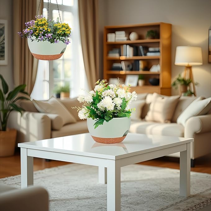 2 Pack 12 Inch Large Hanging Planters with Chains Self Watering Green Brown Plastic Hanging Pots for Indoor Outdoor Plants, Garden Porch Home Decor，Green Brown-CasaMuseHome