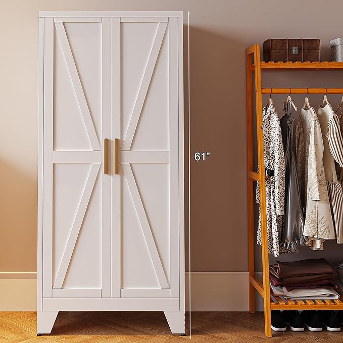 61" Tall Farmhouse Metal Pantry Cabinet, Kitchen Pantry Storage Cabinets with 2 Barn Door and Adjustable Shelves,Metal Pantry Storage Cabinet,for Kitchen,Laundry Room,Home Office,Kids Room (White)-CasaMuseHome