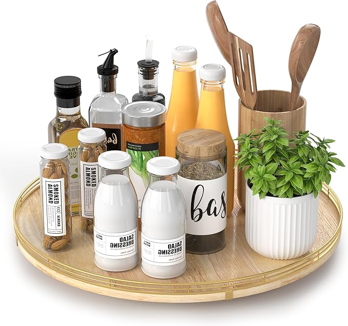 16 Inch Rustic Lazy Susan Turntable – Solid Oak & Iron Wood Rotating Tray for Dining Table, Kitchen Counter, Coffee Table – Farmhouse Style Large Wooden Lazy Susan Organizer for Home Décor-CasaMuseHome