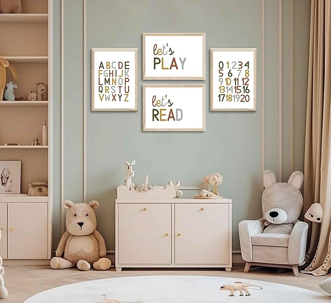 4 Pcs Boho Playroom Canvas Wall Art Nursery Toddler Educational Let's Read Let's Play Painting Pictures Wall Decor Posters Print Artwork for Girl Boy Childs Room Classroom Home Decoration Unframed-CasaMuseHome