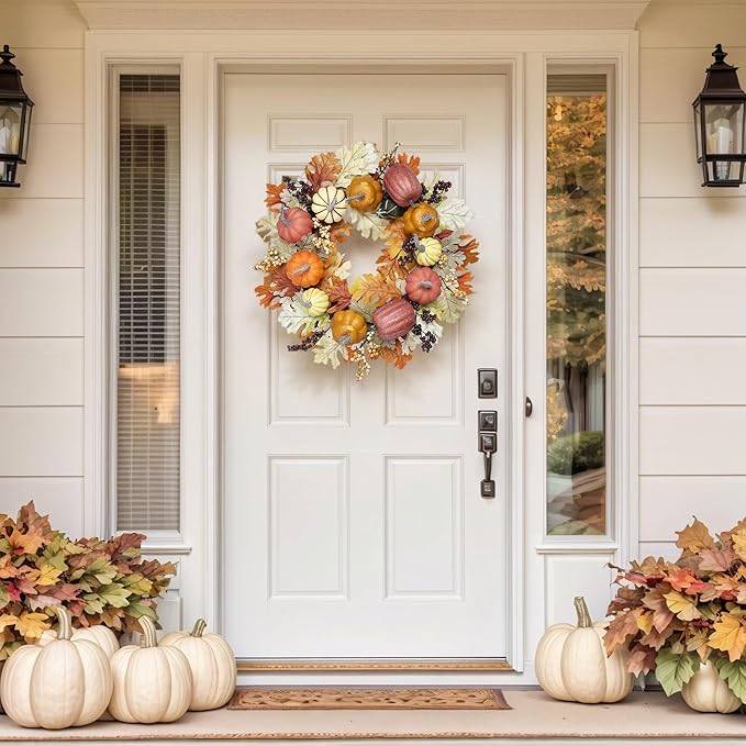24 inch Fall Wreaths for Front Door Outside Autumn Wreath Fall Decorations for Home Decor Pumpkin Wreath for Farmhouse Holiday Thanksgiving Harvest Halloween Outdoor Indoors Fall Front Porch-CasaMuseHome