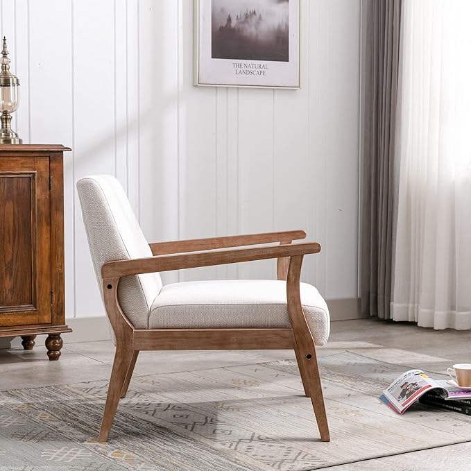 Accent Chair Mid Century Modern Armchair, Linen Upholstered Living Room Accent Armchair with Wood Frame, Farmhouse Chair Indoor Corner Chair for Living Room Bedroom, Ivory-CasaMuseHome