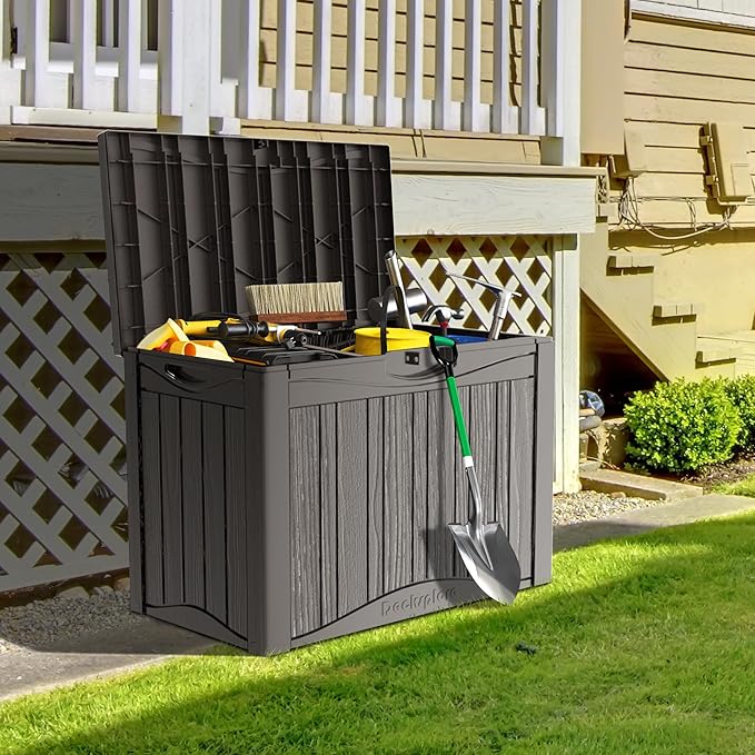 45 Gallon Double-Wall Resin Deck Box - Lockable Waterproof Outdoor Storage Box, 515bs Capacity & Doubles as Seating for Patio Furniture - Garden Tools, Pool Accessories (Brown)-CasaMuseHome