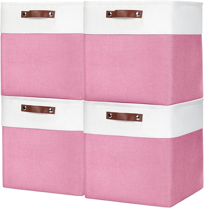 13x13 Cube Storage Bins, Collapsible Fabric Storage Box, 4 Pack Closet Baskets with Handles for Organizing, Shelf, Toys, Clothes, Home, Office, Nursery (Pink&White)-CasaMuseHome