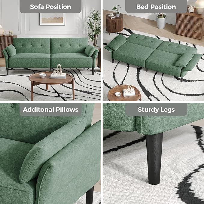 89” Futon Sofa Bed, Comfy Futon Couch Bed with 2 Square Pillows, Convertible Sleeper Sofa with Adjustable Backrest& Armrests, Modern Loveseat Sleeper for Living Room, Bedroom,Light Green-CasaMuseHome