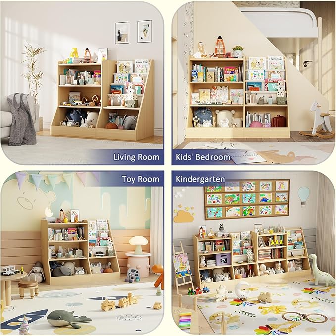 39" Large Kids Wooden Bookshelf and Toy Storage Organizer, Baby Bookcase with Sling Book Rack, Children Toddler Wooden Book Shelf for kids rooms, Playroom, Classroom, Nursery, School (Natural)-CasaMuseHome