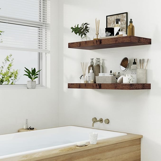12" Deep Rustic Brown Floating Shelves,Over Toilet Long Wall Mounted Modern Farmhouse 36 inches,Wall Shelves with Invisible Brackets for Bedroom, Bathroom, Living Room, Kitchen, Set of 1-CasaMuseHome