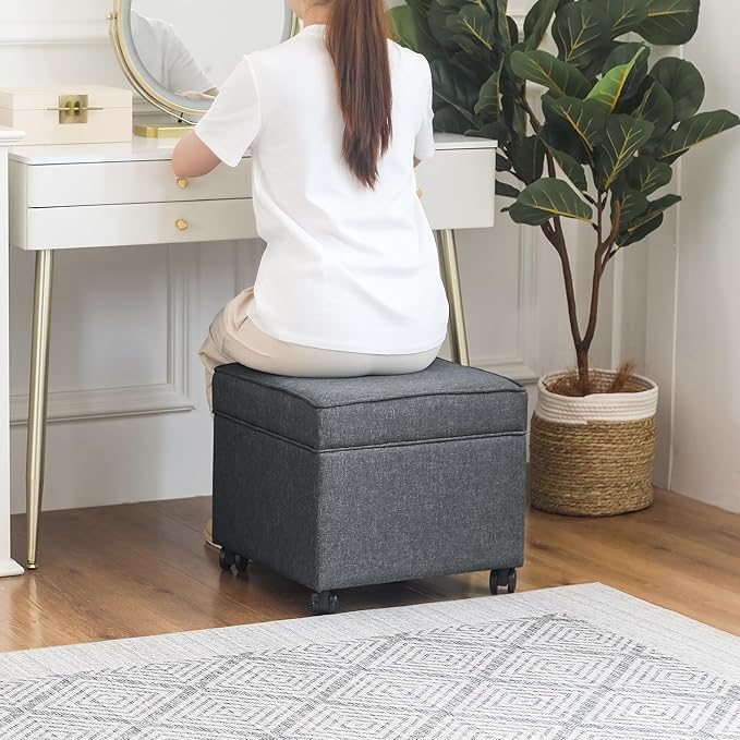 Adeco 17.5" Square Fabric Ottoman with Storage, Upholstered Cotton Linen Foot Rest, Flip Top Footstool, Small Cube Coffee Table Extra Seat for Living Room, Bedroom, Grey with Rolling Legs-CasaMuseHome