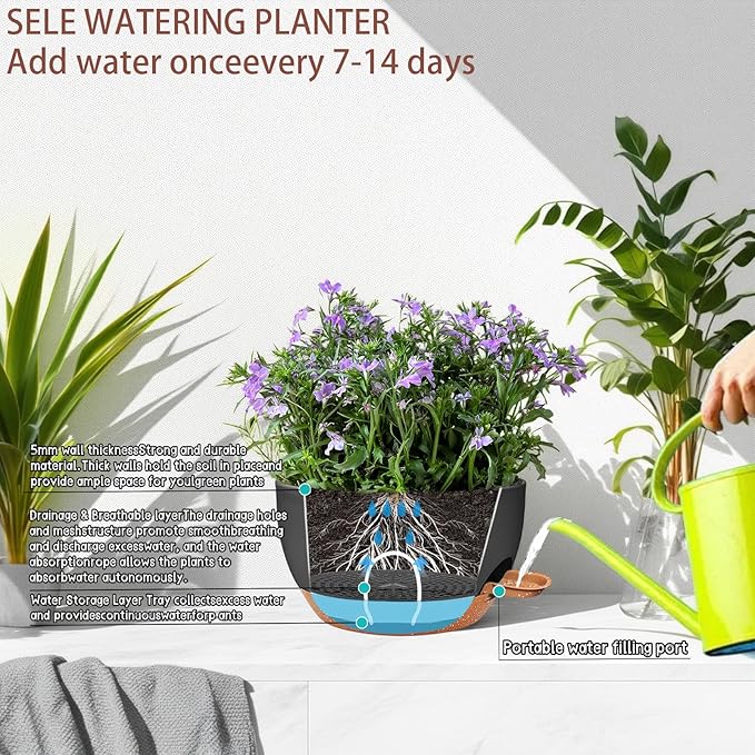 2 Pack 12 Inch Large Hanging Planters with Chains Self Watering Black Brown Plastic Hanging Pots for Indoor Outdoor Plants, Garden Porch Home Decor，Black Brown-CasaMuseHome