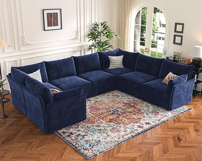 136.4" Oversized Modular Sectional Sofa, U Shaped Convertible Couch with Movable Ottoman, Large 7 Seat Corner Couches for Living Room Deep Seat Blue Chenille-CasaMuseHome