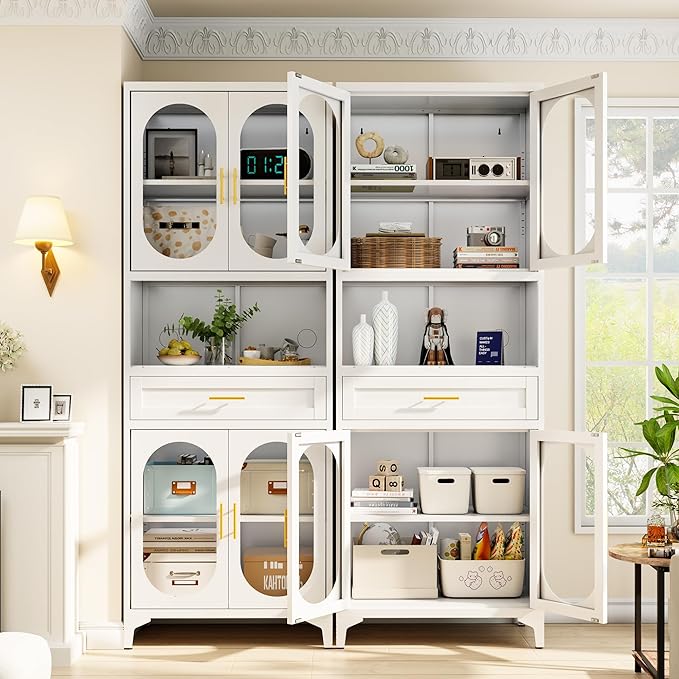 75” Tall Kitchen Pantry Storage Cabinet, Metal Storage Cabinet with 1 Drawer and Adjustable Shelves, Kitchen Pantry Cupboard, Freestanding Cupboard for Bathroom, Living Room (White-Glass Door)-CasaMuseHome