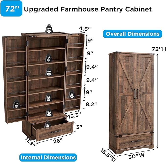 72" Farmhouse Kitchen Pantry Cabinet With Drawer, Tall Storage With 2 Barn Doors and Shelves, Versatile Large Rustic for Dining Room, Bathroom, Living Room, Rustic Brown-CasaMuseHome