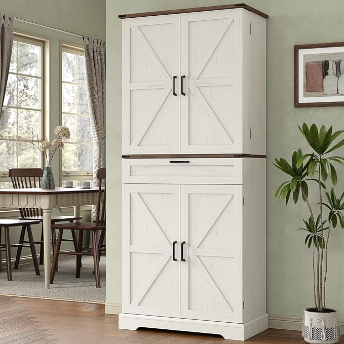 72'' Kitchen Storage Pantry Cabinet, Tall Storage Cabinet with 8 Door Shelves, 2 Cabinets and 1 Drawer, Freestanding Cupboard for Kitchen, Dining Room, Bathroom, Laundry, Off White-CasaMuseHome