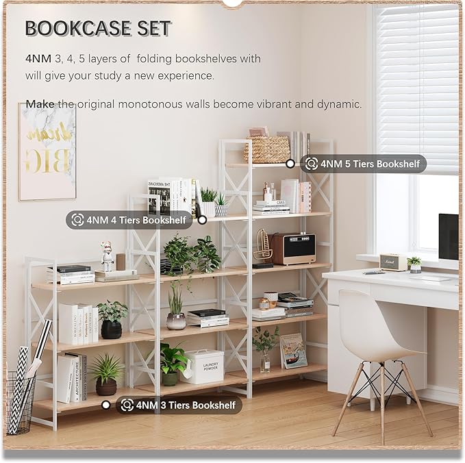 4NM 5 Tiers No Assembly Book Shelves, 51.2" H Folding Bookshelf Bookcase Open Industrial Foldable Shelves for Bedroom, Living Room, Home Office - Natural White-CasaMuseHome