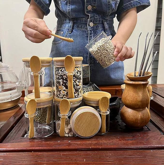 7.6 oz Airtight Mini Glass Jars with Bamboo Lids and Bamboo Spoons, Spice Jars Small Food Storage Containers for Kitchen, Bathroom, Home Decor Set of 8-CasaMuseHome