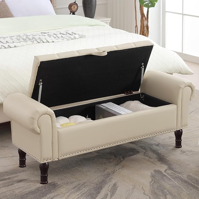 51" Storage Ottoman Bench for Bedroom, Full Queen Storage Bench with Button, Upholstered Bedroom Bench with Rolled Arms for Living Room, Storage Room, Entryway, Beige+Brown Legs-CasaMuseHome