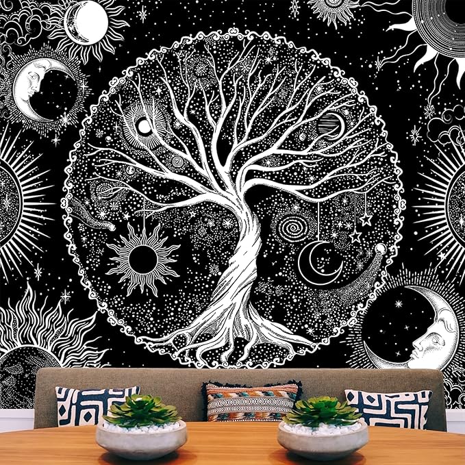 AACKart Tree of Life Tapestry for Bedroom Aesthetic Room Decor-Black and White Spiritual Tree Tapestry Wall Hanging with Sun Moon Star 59.1 x 51.2 inches-CasaMuseHome