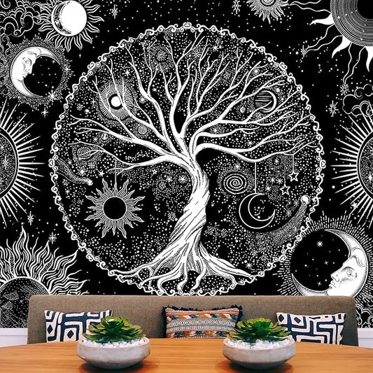 AACKart Tree of Life Tapestry for Bedroom Aesthetic Room Decor-Black and White Spiritual Tree Tapestry Wall Hanging with Sun Moon Star 59.1 x 51.2 inches-CasaMuseHome