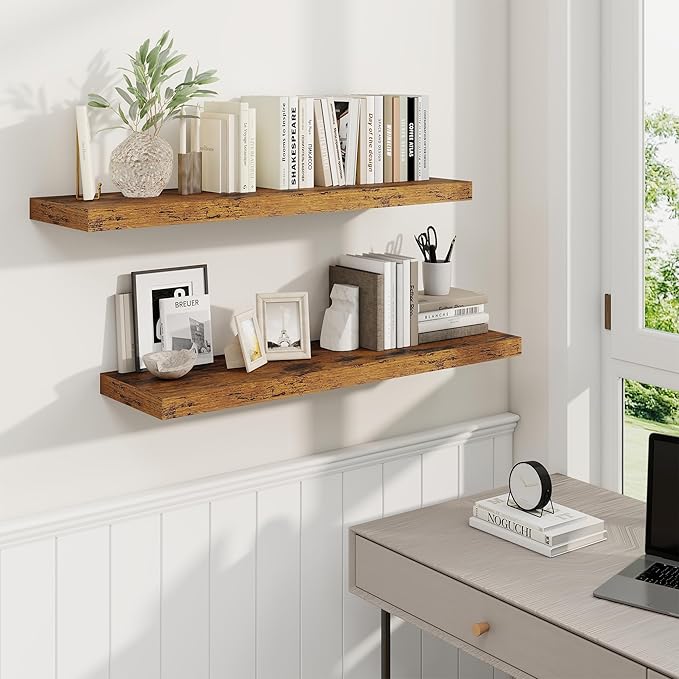 36 Inch Floating Shelves, 9.3 Inch Deep Rustic Wall Shelves - Extra Deeper Wall Mounted Storage Shelves for Bathroom, Kitchen, Living Room (Brown, Set of 2)-CasaMuseHome