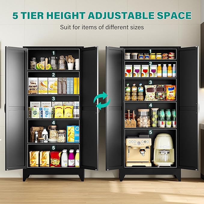 75" Tall Pantry Cabinet,Farmhouse Kitchen Pantry Storage Cabinets with 2 Doors and 5 Shelves,Black Metal Storage Cabinet,Large Cupboard for Home,Kitchen,Dining/Living Room-CasaMuseHome