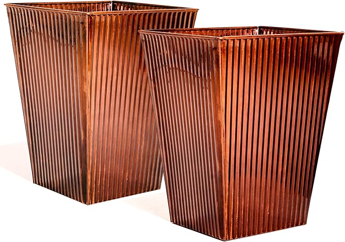 18in Vintage Handmade Metal Vertical Lines Copper Tapered Planters Set of 2, Galvanized Steel Planter Box with Drainage Hole for Indoor/Outdoor/Porch/Garden-CasaMuseHome