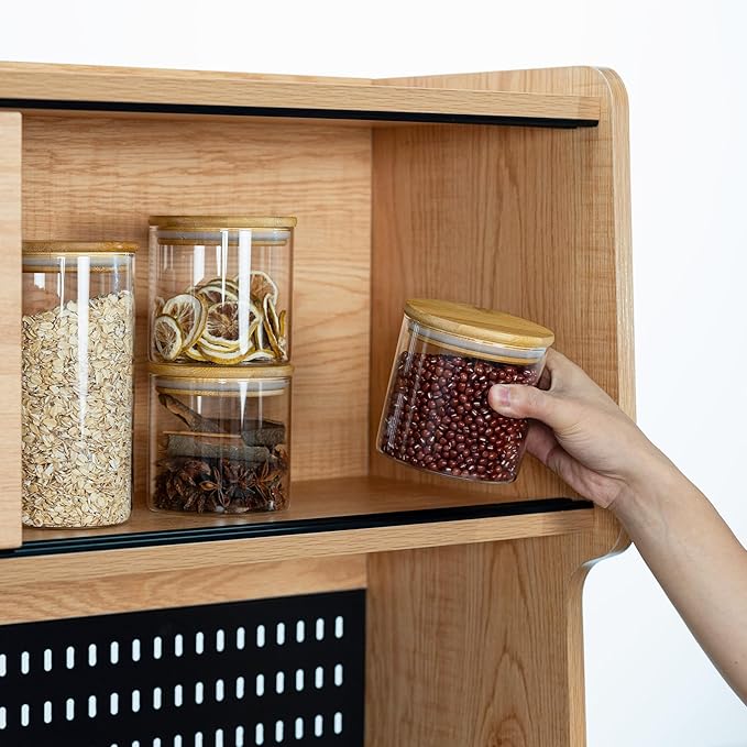 22oz Straight cylindrical Airtight Storage Jars with Bamboo Lid Set of 6 Storage Container Stackable Spice Jar, Kitchen Canister for Sugar, Tea, Cookies and Coffee beans (with Black Lable)-CasaMuseHome