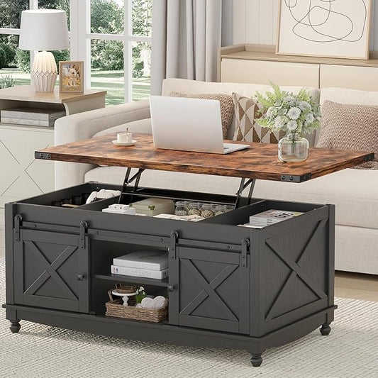 48" Farmhouse Lift Top Coffee Table with Storage Sliding Barn Door & Large Hidden Compartment, Coffee Table with Lifting Top with Wooden Lift Tabletop, Coffee Tables for Living Room, Black-CasaMuseHome