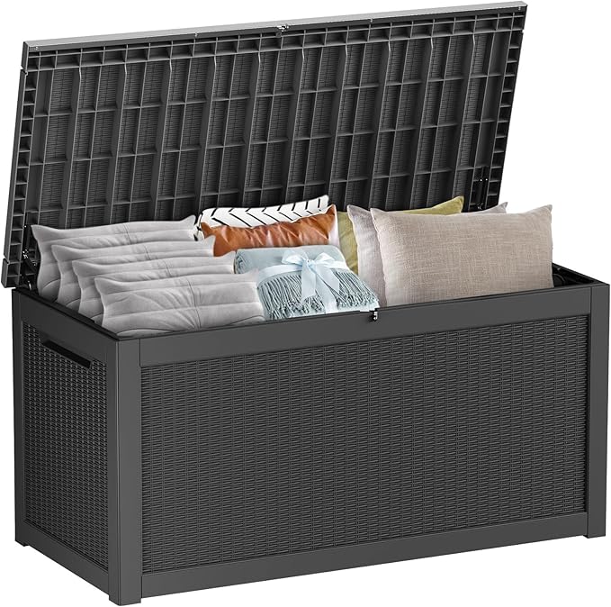 320 Gallon Outdoor Storage Box Waterproof Lockable Resin Deck Box Large, Patio Storage Bin for Pool Accessories Cushion Furniture, Garden Tools, UV-Resistant Outside Delivery Black-CasaMuseHome
