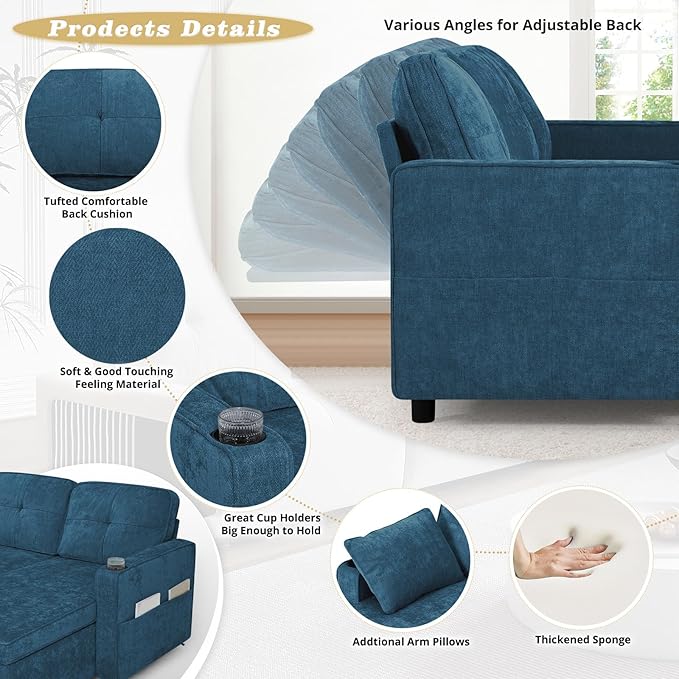 84 Inches Chenille Sectional Sofa w/Pull-Out Sofa Bed & Adjustable Back, Tufted L-Shaped Couch w/Storage Chaise, Sleeper Sectional Sofa w/USB Port & Cup Holders for Living Room, Blue-CasaMuseHome