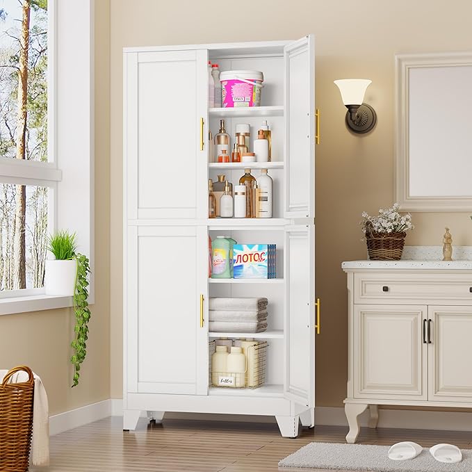 75.2" Tall Metal Pantry Cabinet, Kitchen Pantry Storage Cabinets with 4 Door and 4 Adjustable Shelves, White Storage Cabinet, Freestanding Cupboard for Kitchen Dining Room Living Room Bathroom-CasaMuseHome