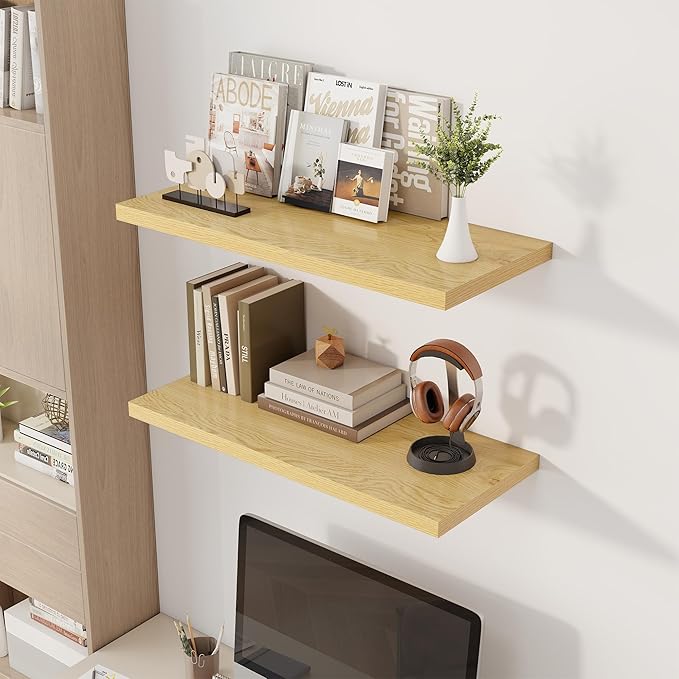 32" Floating Shelves for Wall, 12" Deep Slim Oak Floating Shelves, Wall-Mounted Shelves for Bedroom, Living Room, Kitchen, Bathroom - Set of 2-CasaMuseHome