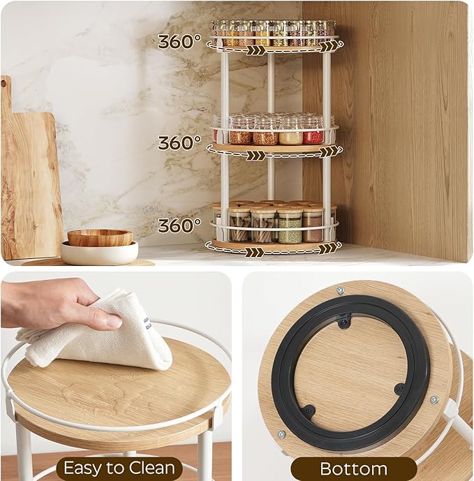3-Tier Lazy Susan Organizer, Rotating Spice Rack, Spinning Organizer, Industrial Turntable Spice Rack Organizer for Cabinet, Kitchen Countertop, Pantry, White and Natural SR23WN-CasaMuseHome