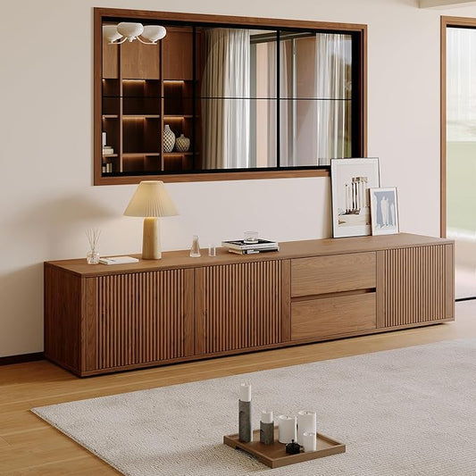 79" Mid-Century Modern TV Stand for Living Room, Farmhouse Entertainment Center with Storage & Drawers, Fluted Design Wood TV Console for Home Theater Office-CasaMuseHome