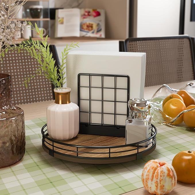 Acacia Wood 9" Bathroom Vanity Tray Turntable, Farmhouse Round Bathroom Countertop Organizer for Soap Perfume, Rotating Organizer for Kitchen Table Centerpieces, Decorative Trays for Coffee Table-CasaMuseHome