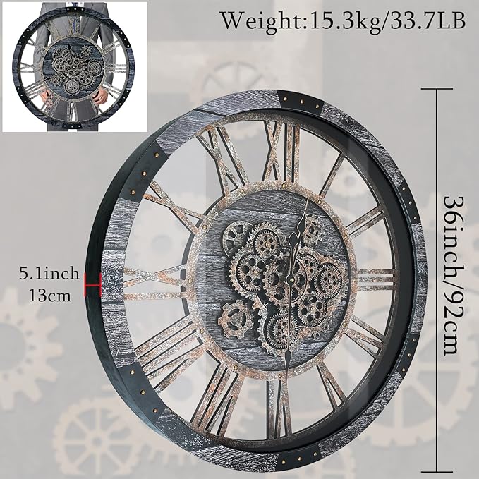 36 Inch Moving Gear Wall Clock, Oversized Wall Clocks, Clock Living Room Decor, Solid Wood Frame, Battery Operated, Large Wall Clock with Steampunk Industrial for Fireplace(Gray)-CasaMuseHome