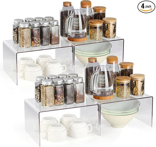 Acrylic Kitchen Cabinet Organizer Shelf, Spice Rack, Plate and Cupboard Storage Riser, Versatile Pantry Shelf, Durable Clear Countertop Organizer for Home and Kitchen(4 PCS)-CasaMuseHome