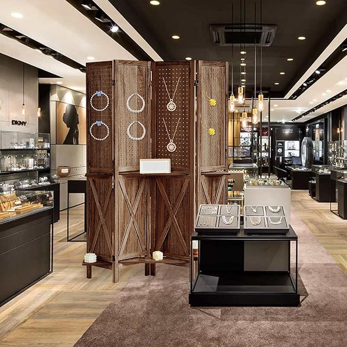 4 Panel Pegboard Display with 16 Hooks, Wooden Pegboard Room Divider Wall with Shelf, Rustic Room Dividers and Folding Privacy Screens, Bedroom, Jewelry Store, Brown-CasaMuseHome