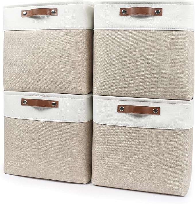 13x13 Cube Storage Bins, Collapsible Fabric Storage Box, 4 Pack Closet Baskets with Handles for Organizing, Shelf, Toys, Clothes, Home, Office, Nursery (Beige&White)-CasaMuseHome