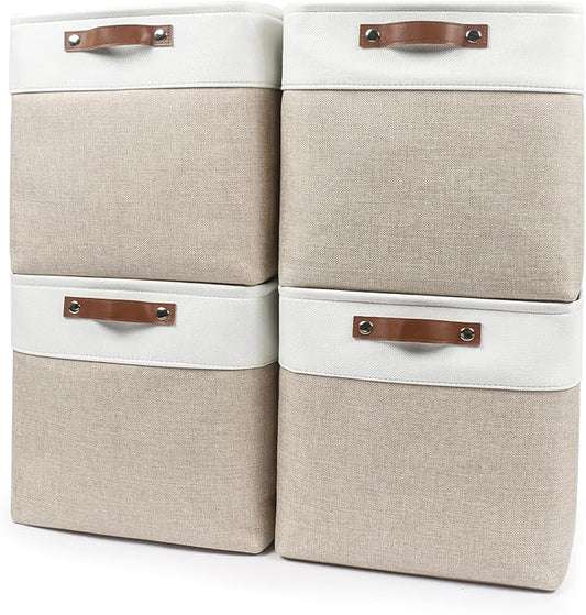13x13 Cube Storage Bins, Collapsible Fabric Storage Box, 4 Pack Closet Baskets with Handles for Organizing, Shelf, Toys, Clothes, Home, Office, Nursery (Beige&White)-CasaMuseHome