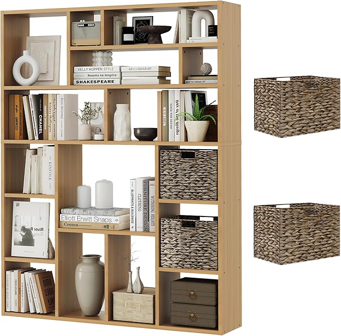 71" Tall 6-Tier Heavy Duty Bookcase with 2 Foldable Storage Baskets, 55" Wide Open Bookshelf with 16 Irregular Cubes for Living Room, Office （Yellow）-CasaMuseHome