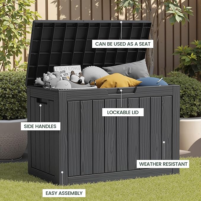 45 Outdoor Storage Box, Waterproof Resin Deck Box with Side Handles, Lockable Outdoor Bench for Indoor & Outdoor Use, Storage Bin for Patio Cushions, Garden Tools, Package Delivery, Black-CasaMuseHome