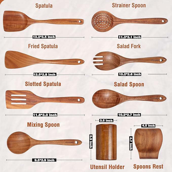 9 Piece Natural Teak Wooden Kitchen Utensil Set with Spoon Rest - Comfort Grip Cooking Spoons and Utensils Holder-CasaMuseHome