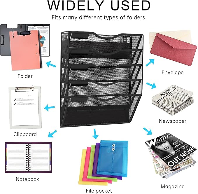 5-Tier Magnetic File Holder, No Drilling Installation File Cabinet Organizer, Black Magnetic File Organizer, Magazine Rack, Magnetic Paper Holder for Refrigerator, File Cabinets, Whiteboard-CasaMuseHome