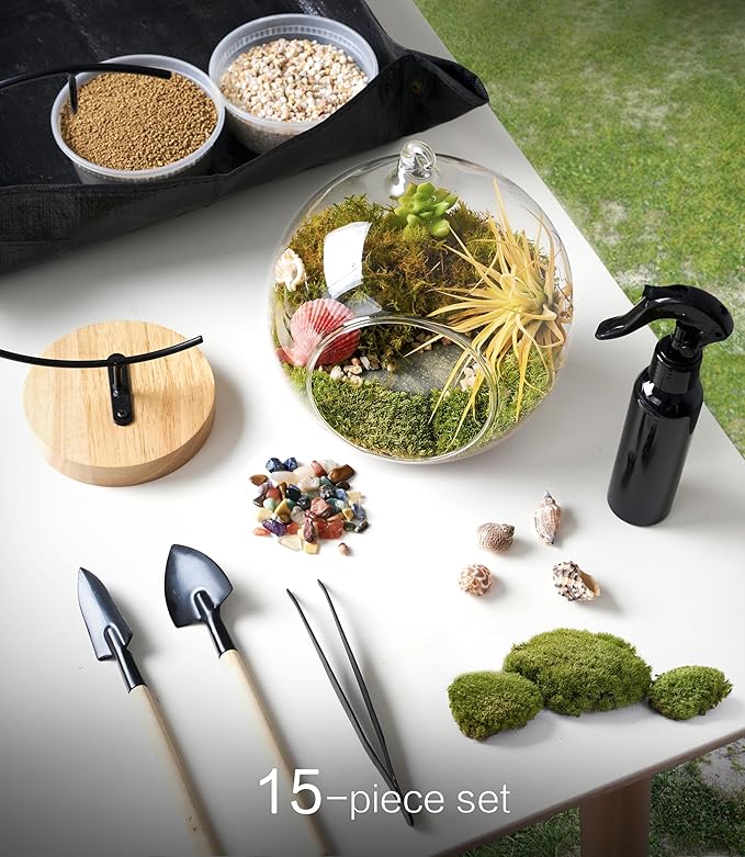 15-Piece Terrarium Kit with Live Moss – DIY Glass Globe Set with Tools, Soil, Stones & Spray Bottle – Indoor Mini Garden Gift for Plant Lovers, Home Decor & Zen Craft-CasaMuseHome