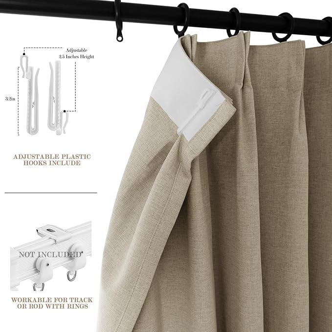 100" W x 84" L Faux Linen Room Divider Curtains, Full Blackout Pinch Pleated Drapes for Traverse Rod, Bedroom Divider Privacy Drapery with Hooks for Ceiling Track, 1 Panel, Light Khaki-CasaMuseHome