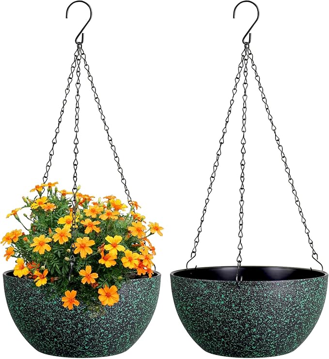 8 inch Small Hanging Planters for Indoor Outdoor Plants, 2 Pack Hanging Flower Pots with Drainage Holes and Chain, Plastic Hanging Baskets for House Plants, Black with Green Speckles-CasaMuseHome